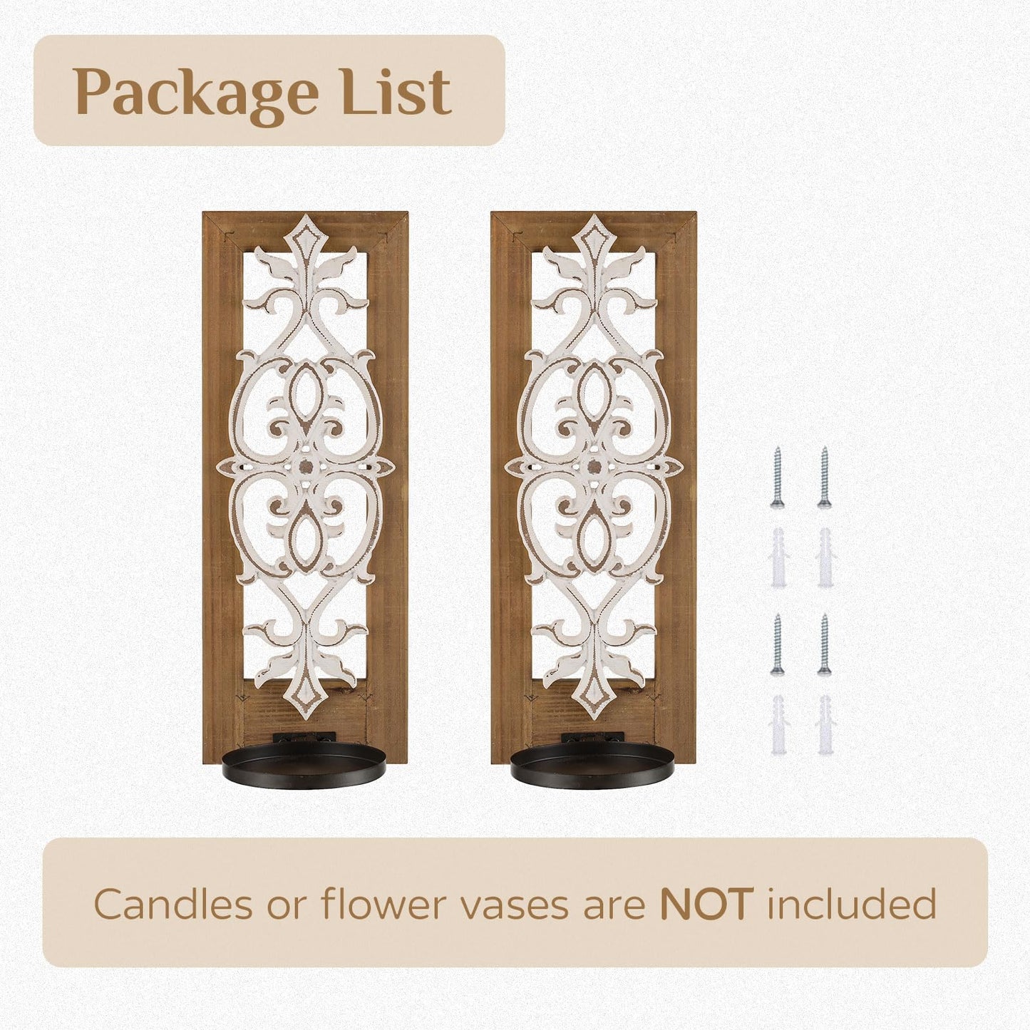 Farmhouse Wood Candle Sconces Wall Decor - Set of 2 Walasis Rustic Wall Candle Holder Decorative Carved Brown Candle Sconce Farmhouse Art Distressed Pillar Candles Holder for Fireplace Decor
