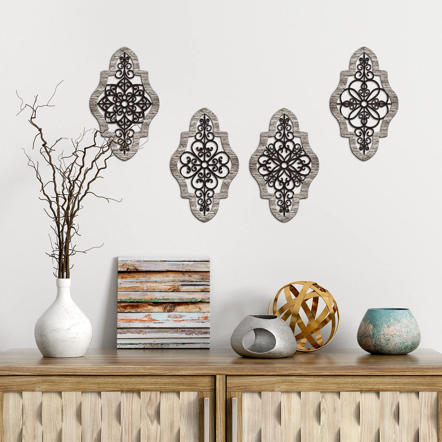 4 Pieces Thicken Rustic Wood Wall Decor Modern Farmhouse Wall Art Decor Wooden Hollow Carved Design Rustic Art for Living Room Bedroom Office Kitchen (Classic Style)