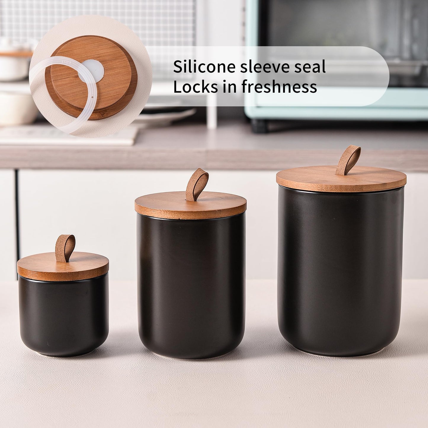 CoorFormer Black Ceramic Canister Set with Bamboo Lids, 3-Piece Airtight Food Storage Jars for Kitchen - Flour, Sugar, Coffee, Tea, Spice - Small, Medium, Large Sizes