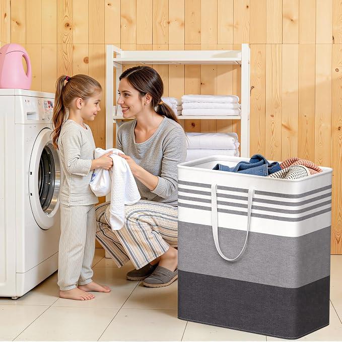 WOWBOX 2 Pack Laundry Hampers Baskets, Freestanding Dirty Clothes Hampers with Reinforced Handles & Cross Stitch & Waterproof Coating, for Laundry Bedroom Bathroom, 2 x 100L