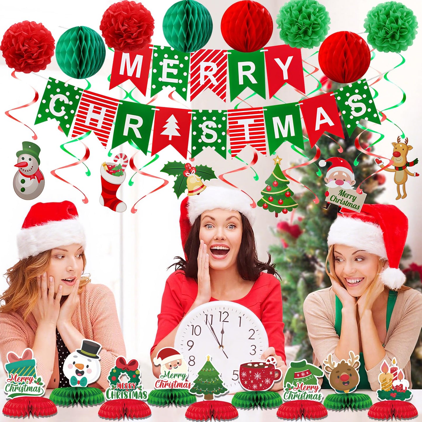 KUANINUNAR Merry Christmas Party Decoration Banner Set Paper Fan Flower Xmas Bunting ,Swirls Streamers Christmas Tree Xmas Stocking Santa Table Decorations