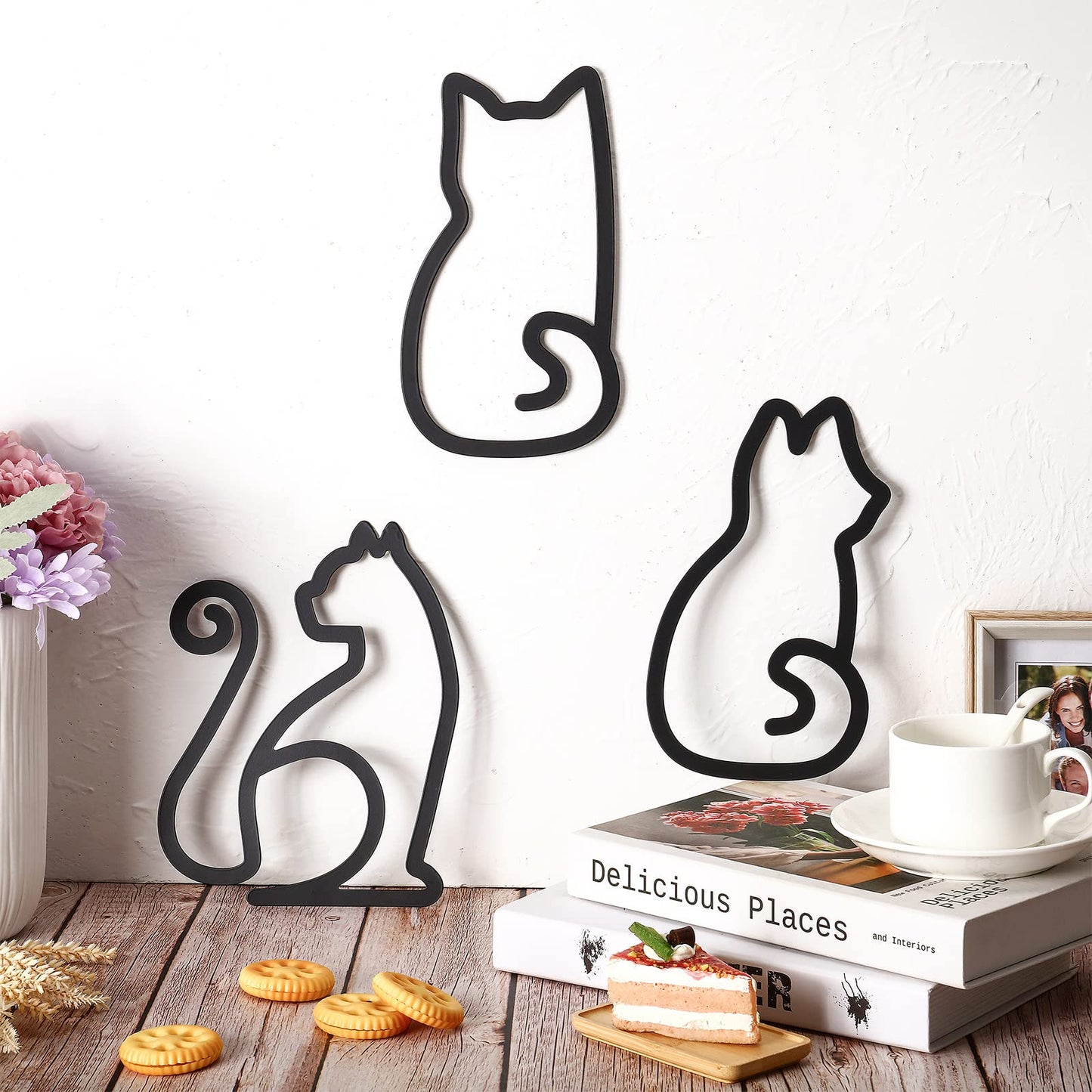 Ferraycle 3 Pieces Black Cat Metal Wall Art Wire Wall Sign Cat Sign Decor for Kitchen Restaurant Shop Decors Christmas Cats Lover Gifts(Cat Style)