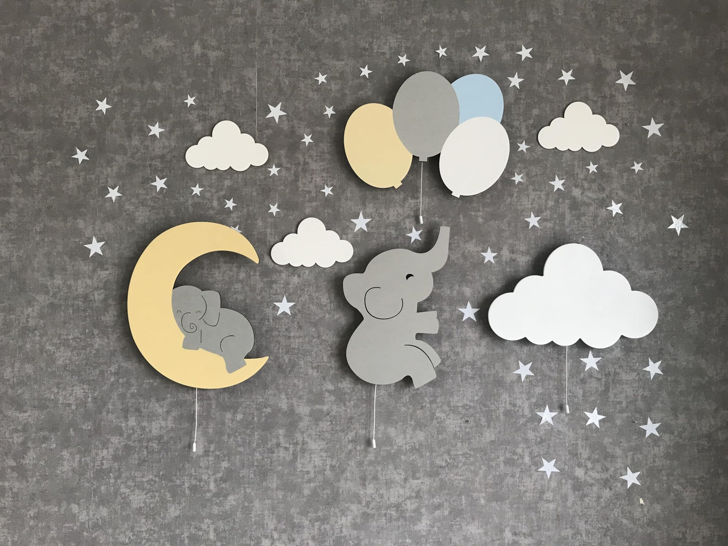 Furpinea Nursery Lamp Set of 4 Moon, Cloud, Elephant, and Balloon, Baby Room Sign Wall Night Light Cloud Shape Gift Baby Montessori Bedroom Lamp Decor (Boys, Blue)