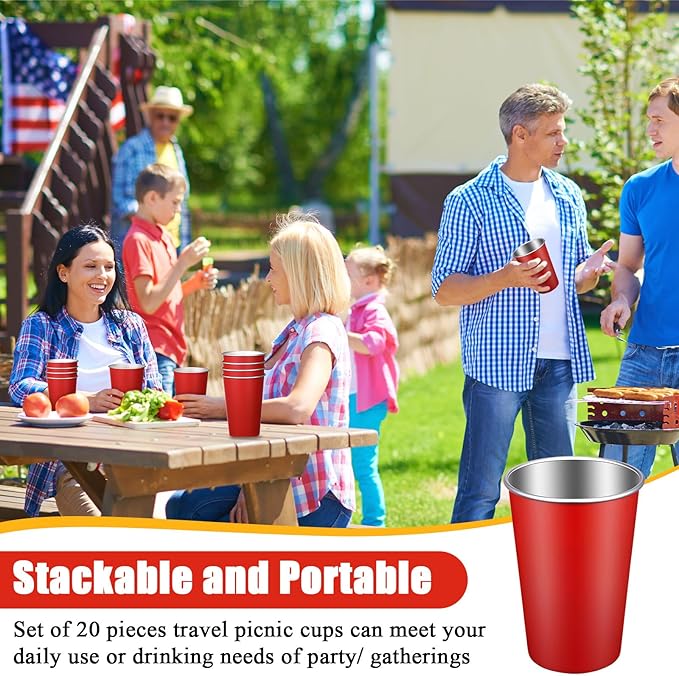 Mimorou 20 Pack 16 oz Stainless Steel Pint Cups Metal Cups Unbreakable Drinking Water Tumblers Stackable Tumbler for Adults Bar Home Restaurant Travel Picnic Camping Outdoor (Red)