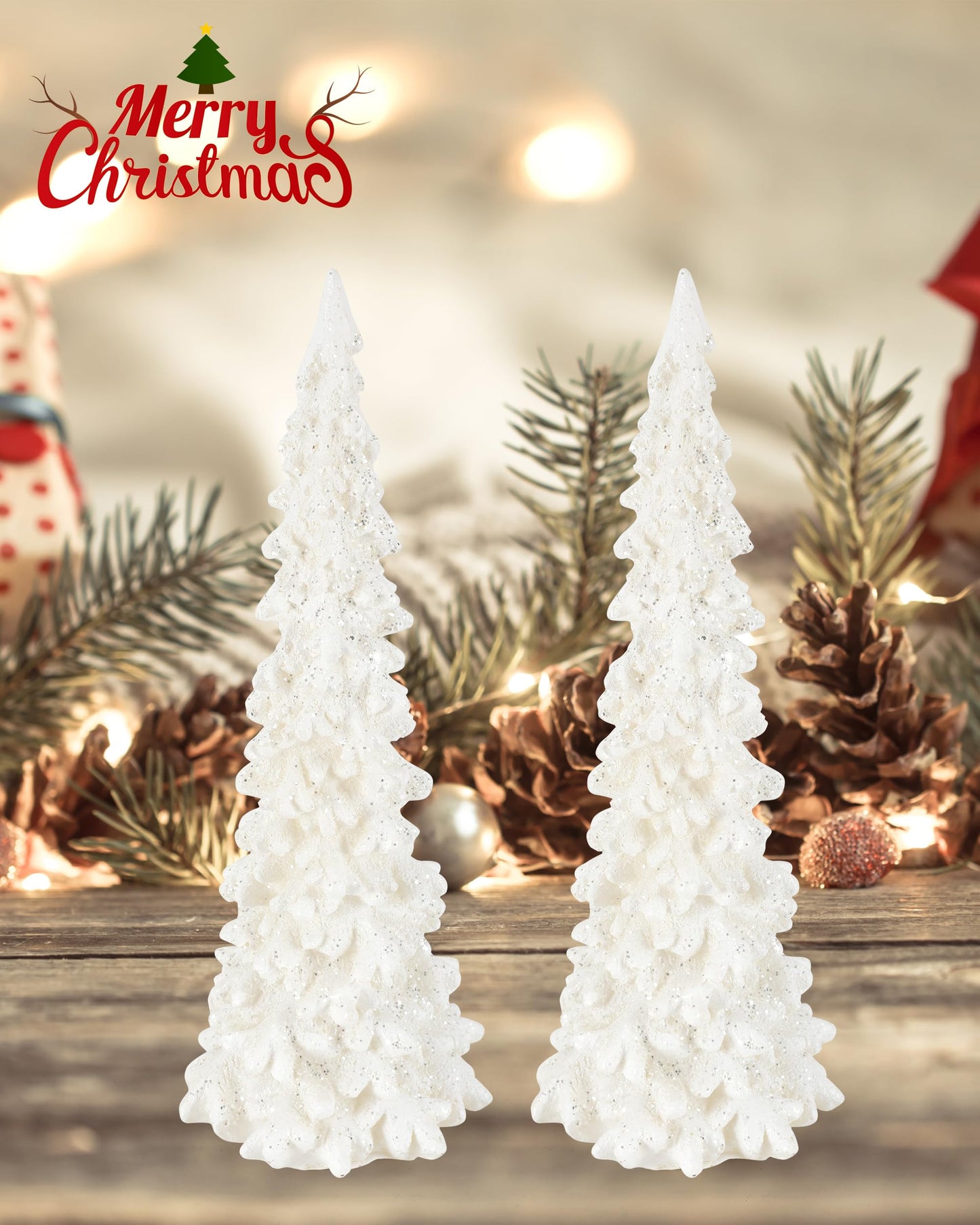 iStatue Tabletop Christmas Tree Decoration 8.3'' Tall - Set of 2 Mini White Resin LED Trees with Intricate Details Figurines - Indoor Holiday Decor and Xmas Gift (Trees)