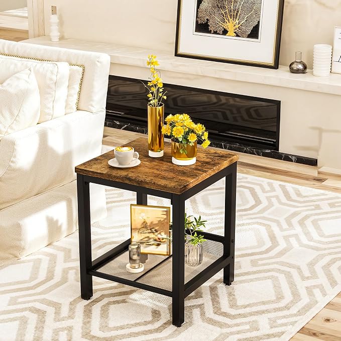 AWQM Coffee Table Industrial Coffee Table with 2 Square End Side Tables, Modern Living Room Table Set with Metal Frame for Apartment Home Office, Rustic Brown Set001