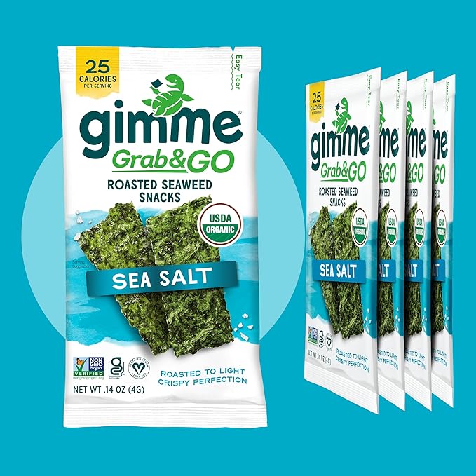 Gimme Seaweed Grab & Go Organic Premium Roasted Seaweed Snacks, Sea Salt, 18 Count Trayless, Keto, Vegan, Gluten-Free, Great Source of Omega3s and Iodine, Healthy On-The-Go Snack for Kids and Adults