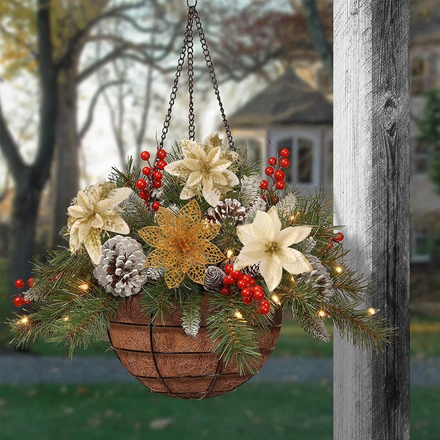 Floweroyal 30pcs Poinsettia Artificial Christmas Flowers Decorations with Clips and Berry Stems Glitter Ornaments for Christmas Tree Wreath Fireplace Stairs Decor (Gold-3 Styles)