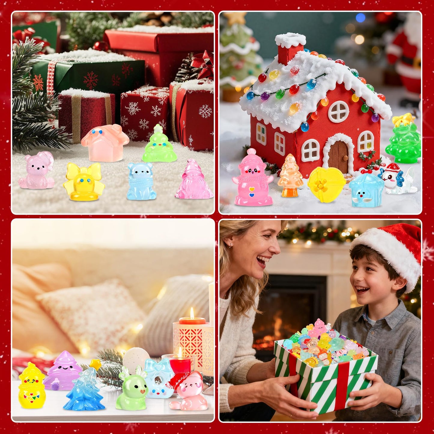 56Pcs Christmas Luminous Mini Figurines 56 Styles Glow in the Dark Tiny Resin Miniatures to Hide Bulk Santa Snowman Bell Snowflake Figurines for Xmas Bag Fillers Party Favors Garden Dollhouse Decor