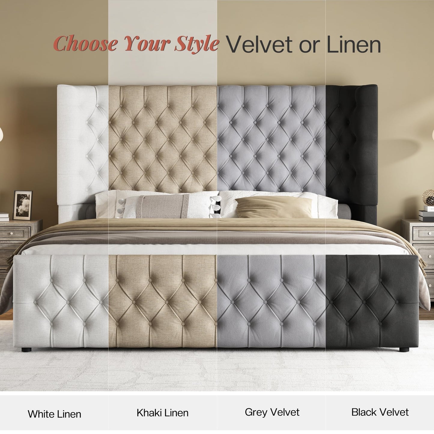 Jocisland Queen Size Platform Bed Frame, 6.3" Thick Upholstered Curved Wingback Headboard and Footboard with Deep Button Tufted, Easy Assembly, No Box Spring Needed, White Linen