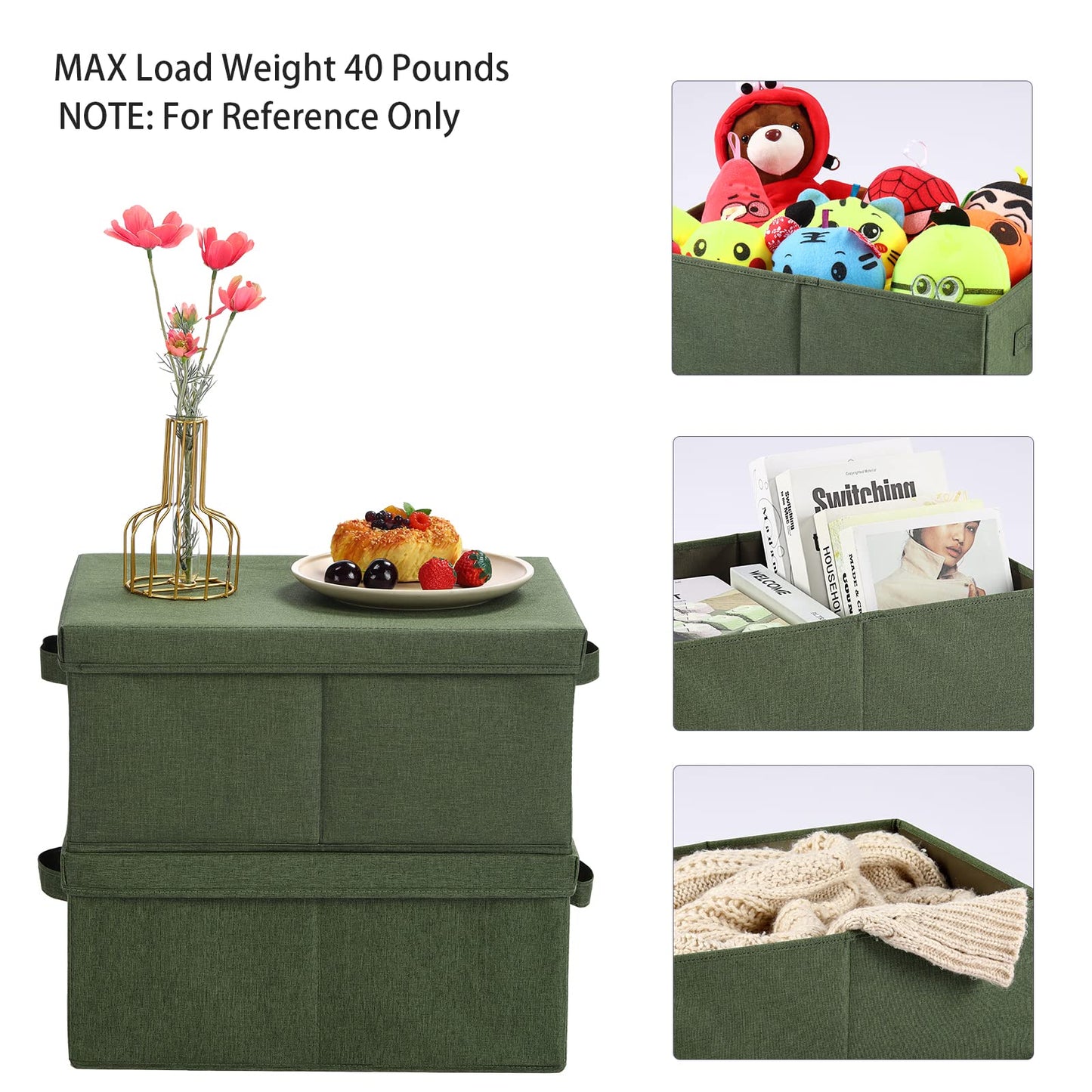 HOONEX Storage Bins with Lids for Organizing, Pack of 2, Storage Boxes with 2 Carrying Handles and Sturdy Heavy Cardboard, 16.5" L x 11.8" W x 7.5" H for Shoes, Books, Clothes, Olive