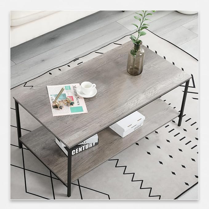SENIG 2-Tier Coffee Table with Storage Shelf for Living Spaces, Grey Oak Rectangle Wood and Sturdy Metal Side End Table, Functional Center Table for Living Room, 39.3 x 20 x 16