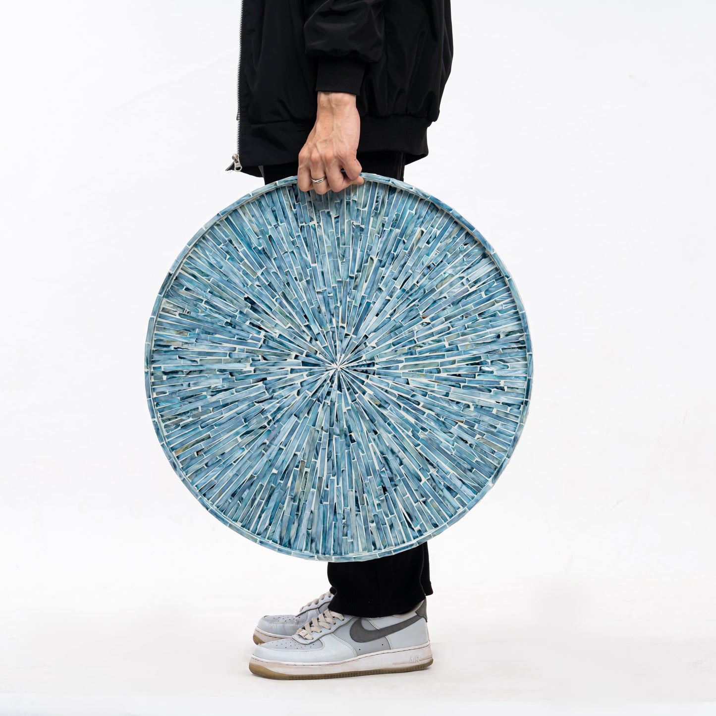 PEMAR 22" Round Mother of Pearl Extra Large Ottoman Tray with Raised Edge, Oversized Decorative Luxury Wooden Serving Tray for Food, Coffee Table, Breakfast in Bed (Blue Sunlight)
