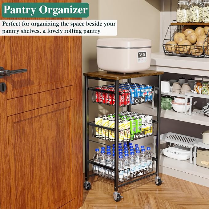 OKZEST 4-Tier Kitchen Storage Cart on Wheels – Mobile Fruit Basket Stand with Drawers & Wooden Top, Small Rolling Pantry Shelf for Potatoes, Onions, Bottled Drinks, Cans, Snacks – Includes 3 PE Liners