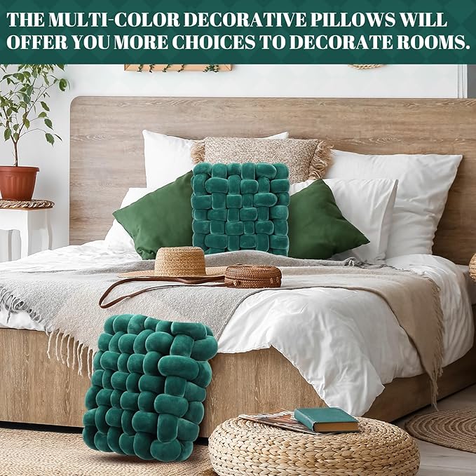 Wenqik 2 Pcs Knot Pillows Square Knotted Plush Throws Soft Accent Pillows Decoration Cushion for Couch Home Office Living Room Bedroom Bed Sofa Decor, 12'' x 13''(Dark Green,Crystal Velvet)