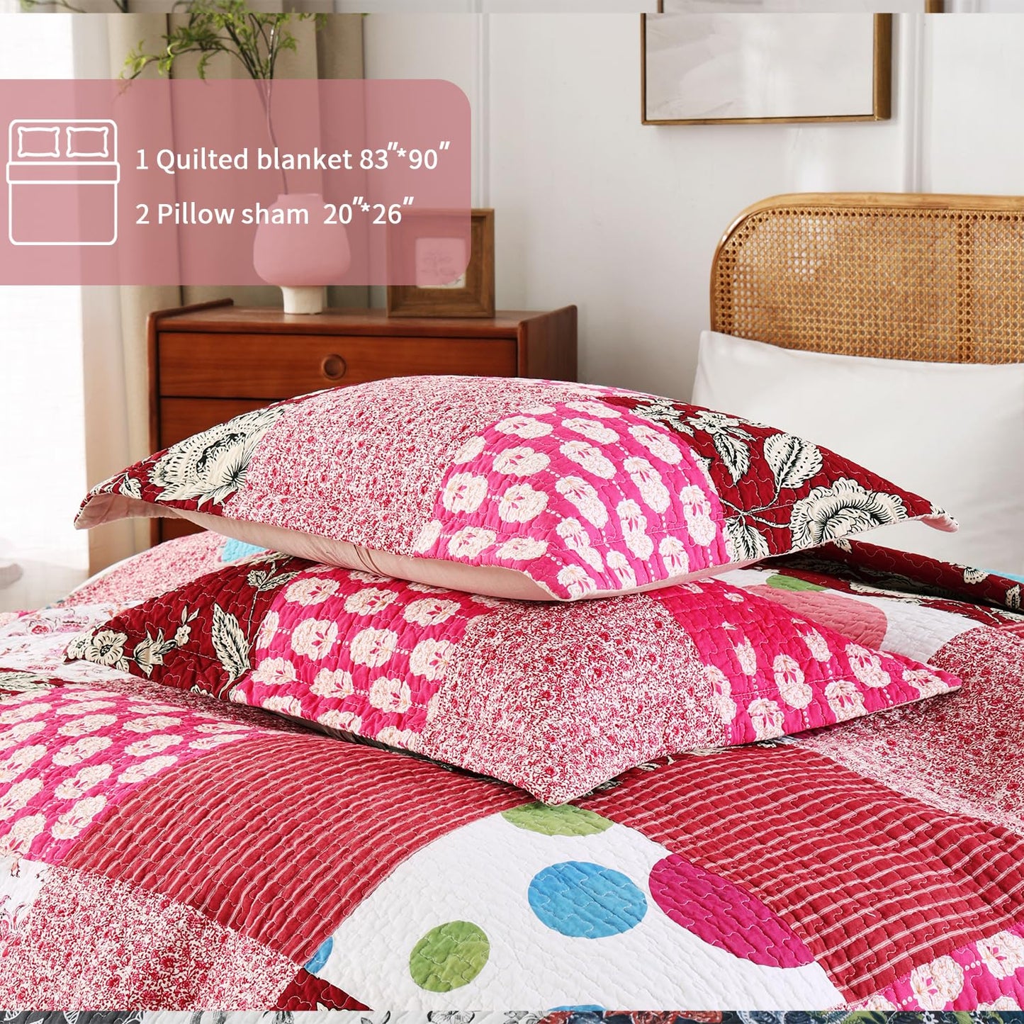BOV Farmhouse Quilt Queen – 100% Cotton Patchwork Reversible Quilt Bedding Set, Pink Floral Cotton Quilt with Abstract Geometric Design, Bohemian Quilt Set with 2 Pillow Shams, Farmhouse Bedspreads
