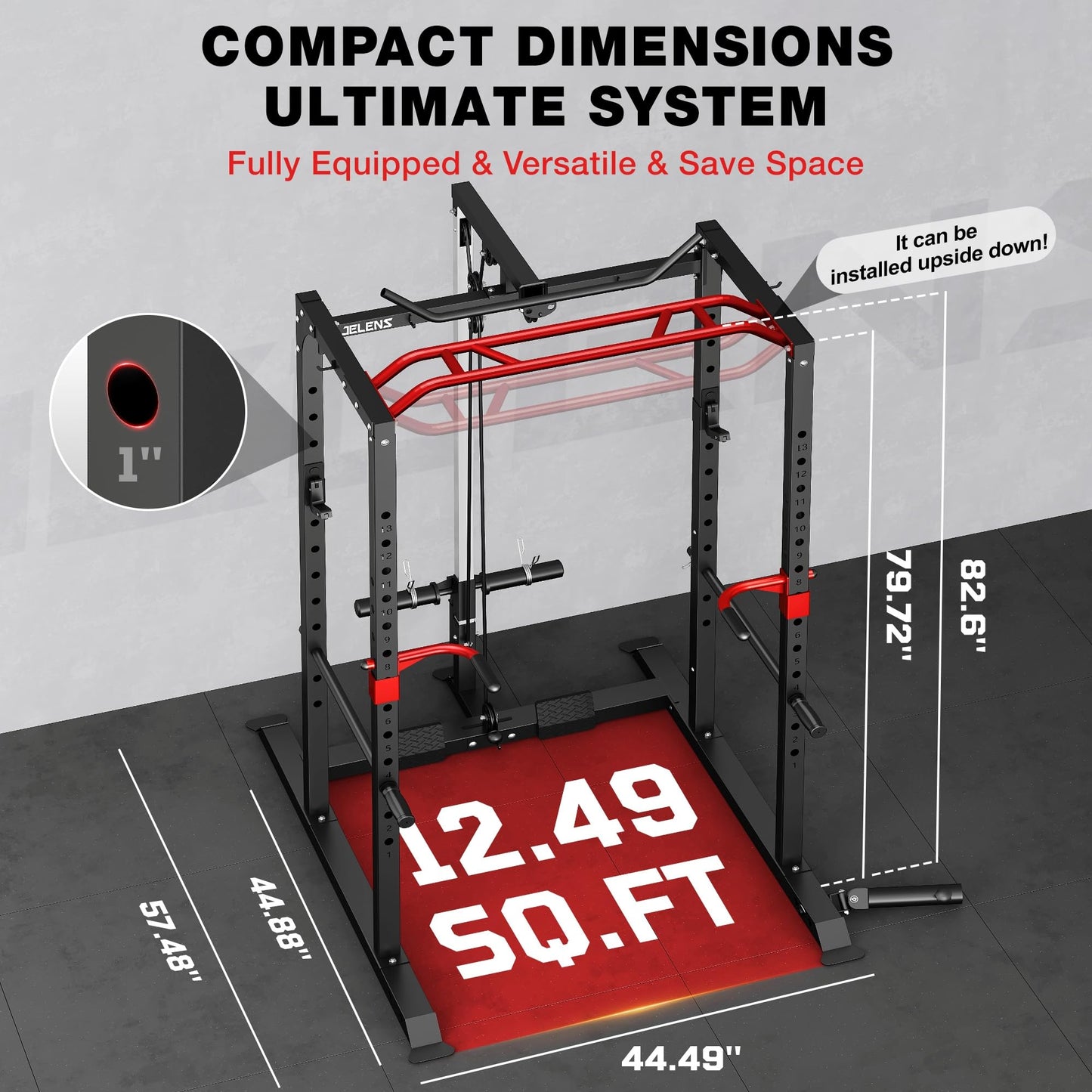 JELENS S11 Power Cage, 2000LB Multi-Function Power Rack with LAT Pulldown, Squat Rack with Adjustable Pulley System and Training Attachments, Weight Rack for Home Gym (370LB Black Weights Package)
