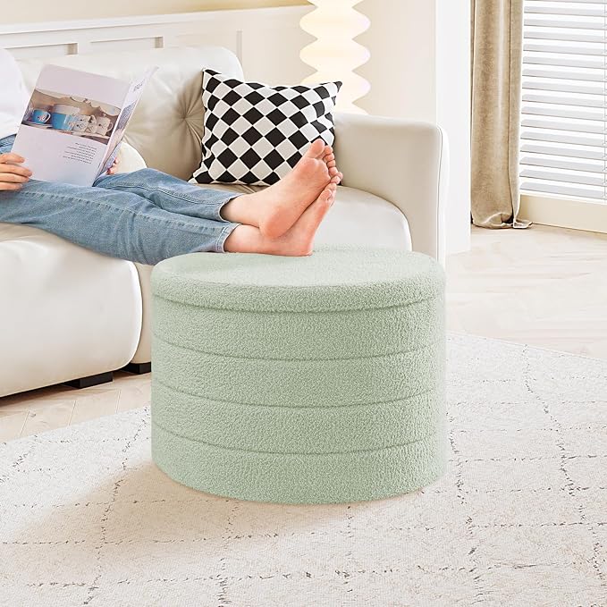 PINPLUS Round Ottoman with Storage, Foldable Sherpa Ottoman Stool with Tray,Boucle Foot Rest for Living Room, Bedroom, Dorm(Green)