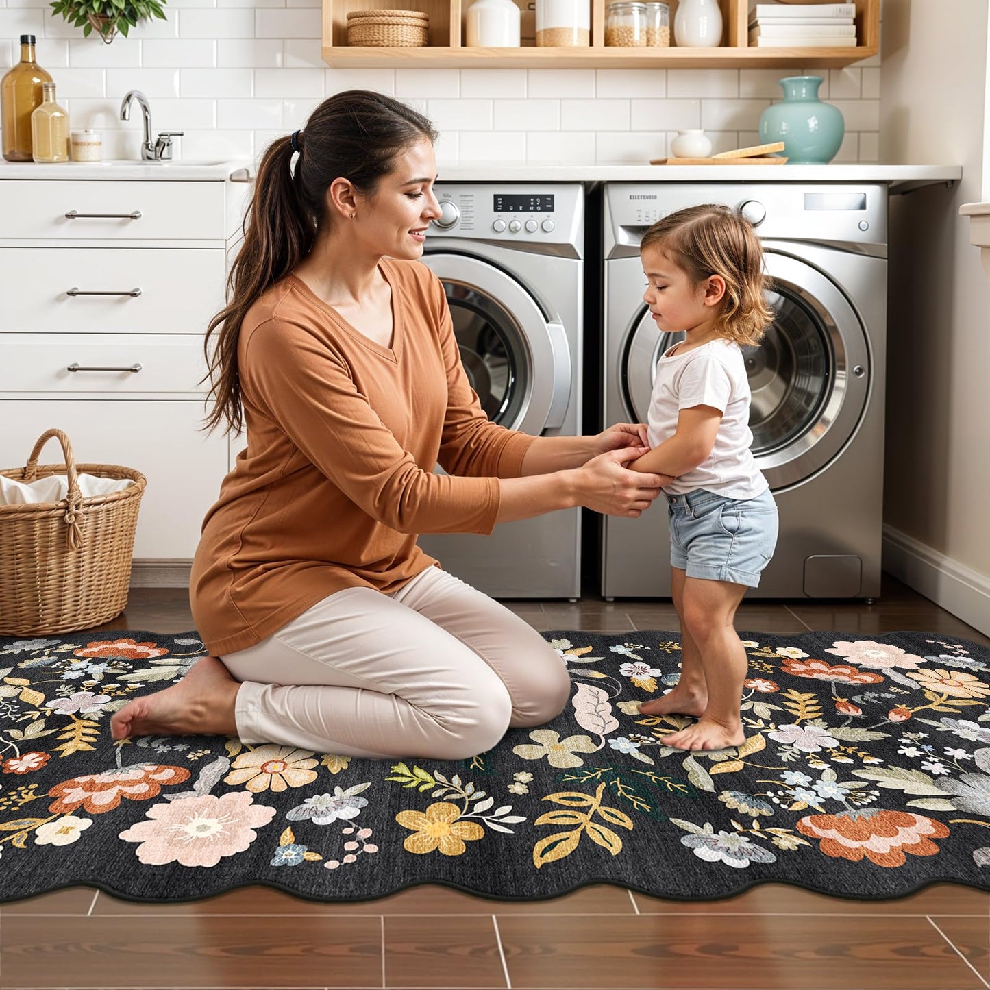 3x12ft Long Hallway Runner Rug - Non Slip Washable Floral Floor Runner for Kitchen Entryway Bathroom,Boho Low Pile Thin Rubber Backed Scalloped Carpet Runner (Black, 3x12)