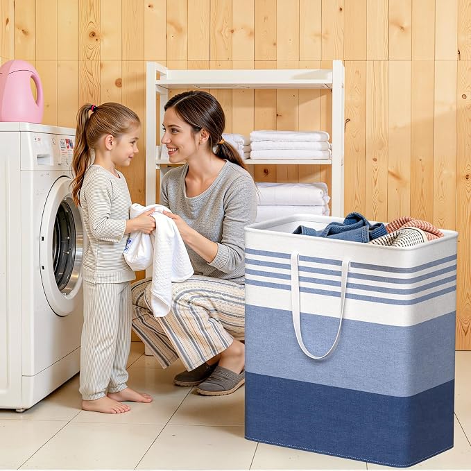 WOWBOX 2 Pack Laundry Baskets, Laundry Hampers, Freestanding Dirty Clothes Hampers with Reinforced Handles & Cross Stitch & Waterproof Coating, for Laundry Bedroom Bathroom Dorm,100L Blue