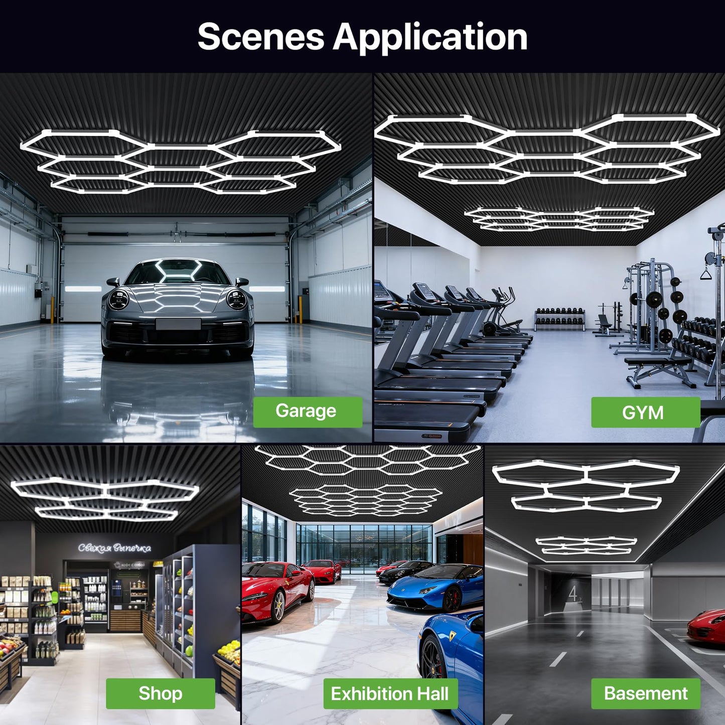 Glitgate Hexagon Garage Lights, Car Detailing & Gym, 476W 52360LM LED Shop Light, 6500K Hexagon Ceiling Light Grid, Modern LED Ceiling Light for Showroom Barber Shop