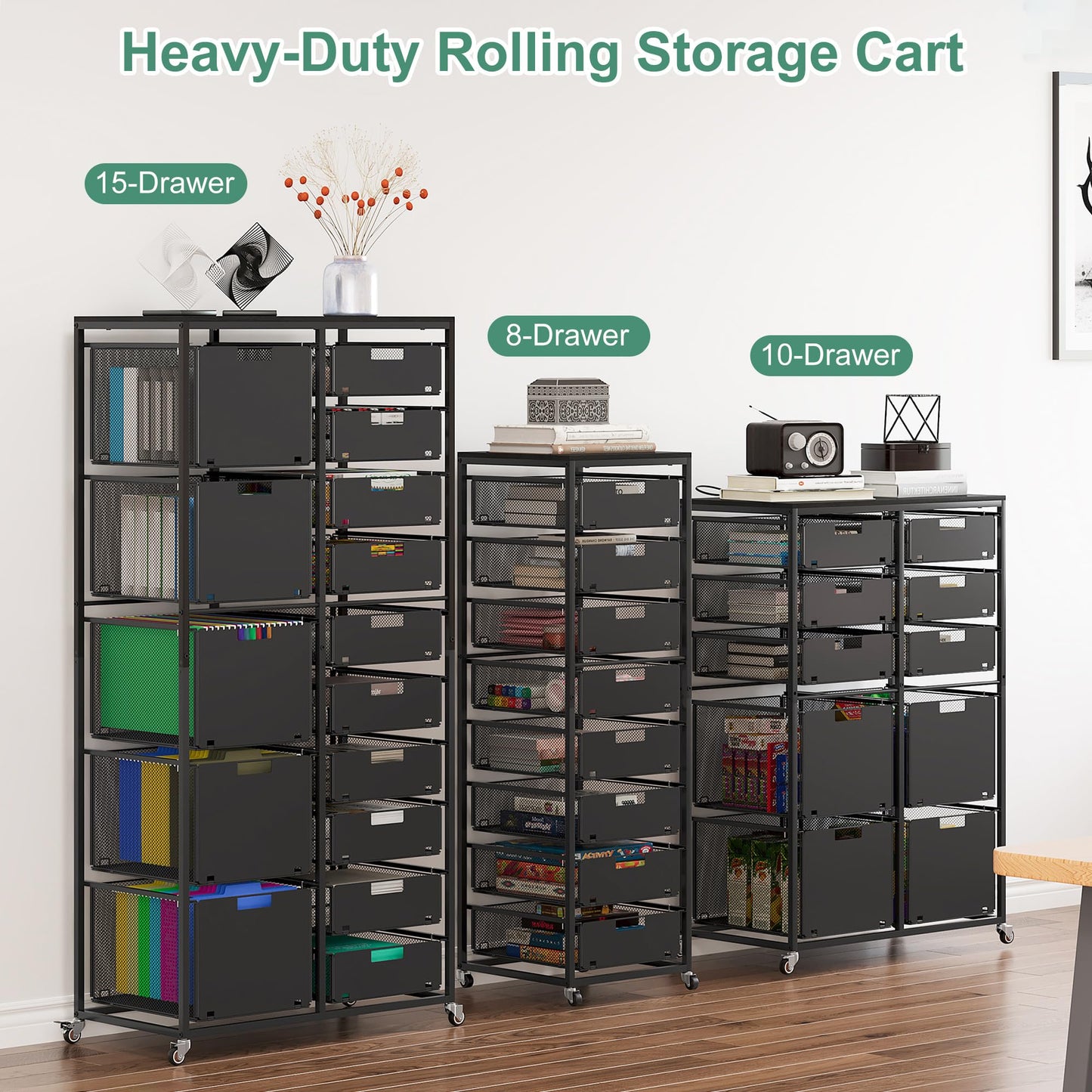 EasyPAG Rolling Storage Cart With 15 Drawers, Metal Craft Organizers And Storage Cart With Wood Tabletop, 30 Lbs Capacity Per Drawer For Home Office Classroom And Dorm, Black
