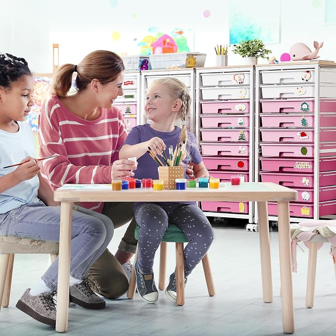 SYKIARIOL Rolling Cart with Drawers,10 Drawer Rolling Cart,Storage Cart,Utility Cart,Teacher Cart for Classroom Storage,Craft Cart with Wheels and Wooden Tabletop,Pink