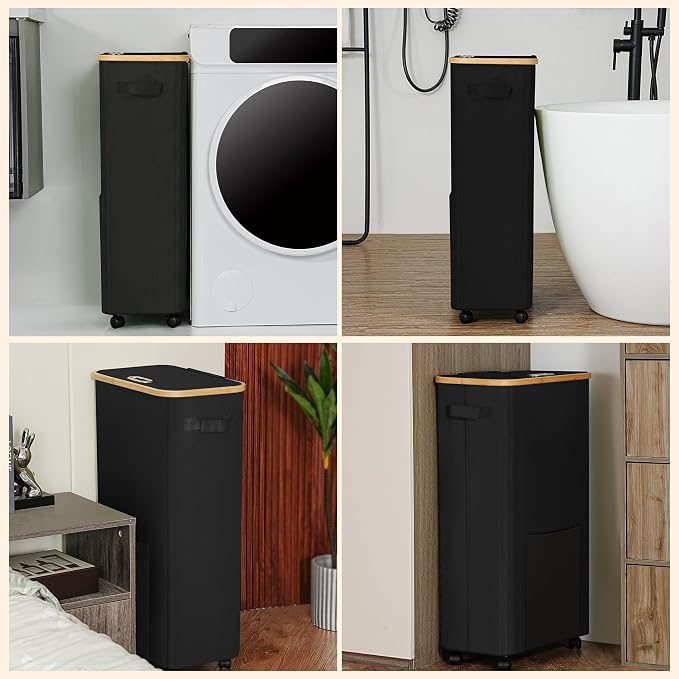 Laundry Basket with Wheels, Dirty Clothes Hamper on Wheels, Rolling Tall Laundry Hamper with lid for Laundry Room, Dorm and Bathroom, 75L Black