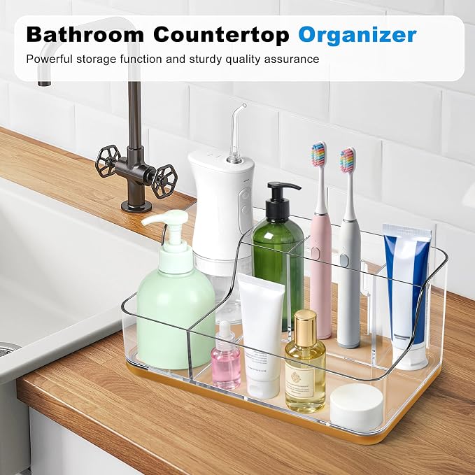 Gold Vanity Bathroom Countertop Storage Rack Lipstick & Makeup Brush Organizer Skincare Storage Box for Vanity Ideal for Bathroom, Living Room, and Kitchen Organization