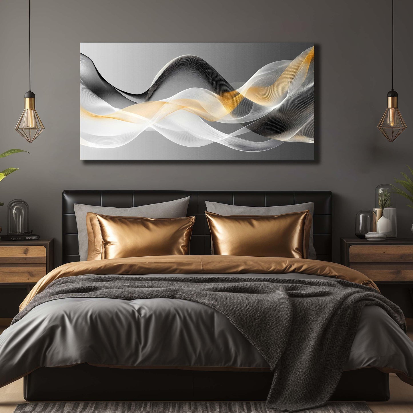 JuhaiArt Abstract Wall Art White Wall Decor for Living Room Office Large Black Canvas Art Picture Gold Artwork 29" x 59" Modern Prints