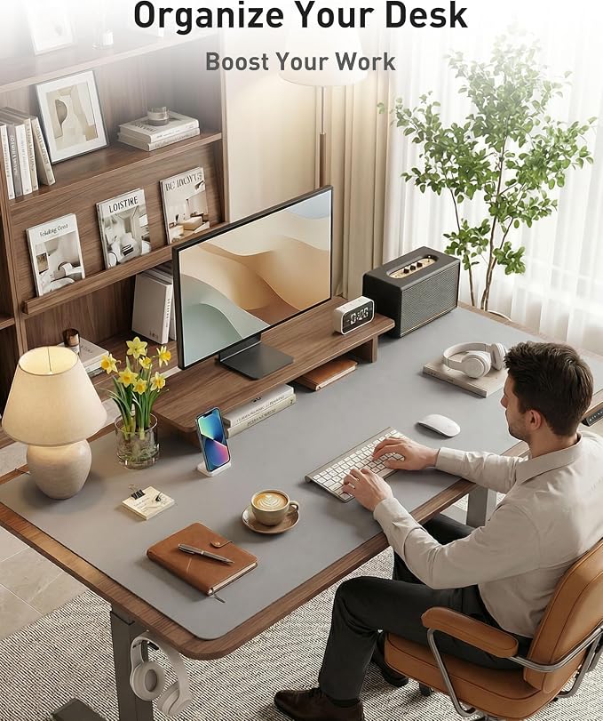 Aothia Faux Leather Desk Mat - Large Mouse Pad, Non-Slip PU Leather Blotter, Waterproof Writing Surface for Office and Home (Light Grey, 42" x 17")