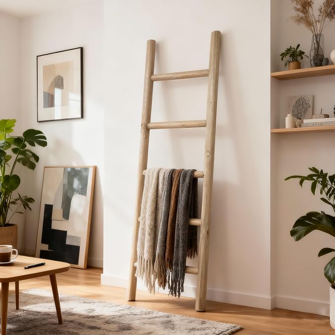 Wooden Blanket Ladder Natural & Motley Wood - Leaning Wall Decor for Bedroom, Bathroom, Living Room - Rustic Quilt Holder & Towel Rack (Natural Wood Color 57in, 57in | Fully Assembled)