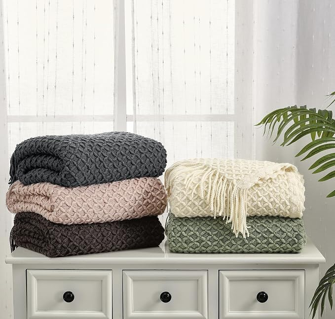 CREVENT Farmhouse Boho Knitted Throw Blanket for Couch Sofa Chair Bed Home Decoration, Soft Warm Cozy Light Weight for Spring Summer Fall (50''X60'' Sage Green)
