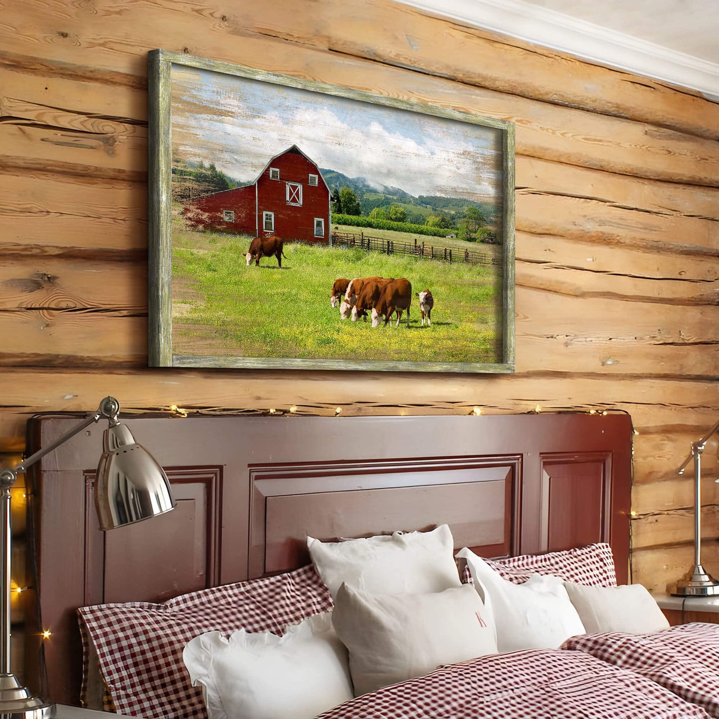 Bedroom Wood Farmhouse Wall Art: Large Rustic Red Barn Framed Artwork Quiet Country Landscape Gallery Painting Nature Cow Cattle Farm Picture Farm Animal Forest for Living Room Kitchen