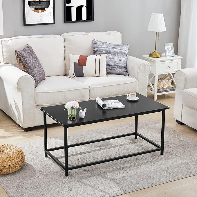 SAYGOER Black Coffee Table Simple Modern Rectangular Center Table Open Space Minimalist for Living Room Home Office Industrial Cocktail Tables, Easy Assembly, 39.37 x 19.69 x 17.72