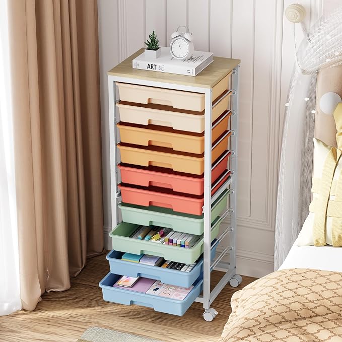 SYKIARIOL Rolling Cart with Drawers,10 Drawer Rolling Cart,Storage Cart with Wheels,Utility Cart with Drawers,Teacher Cart for Classroom Storage,Craft Cart with Wheels and Wooden Tabletop,Rainbow