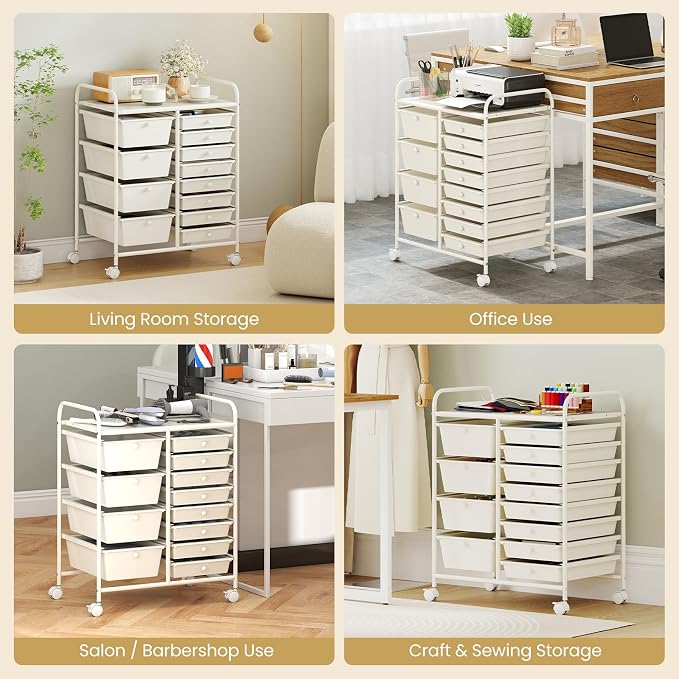 LDAILY 12 Drawer Rolling Storage Cart, Rolling Cart with Drawers for Classroom, Art Supply Craft Organizer on Wheel with Metal Frame & Handles for Home Office School (White, 12 Drawer Left-Right)