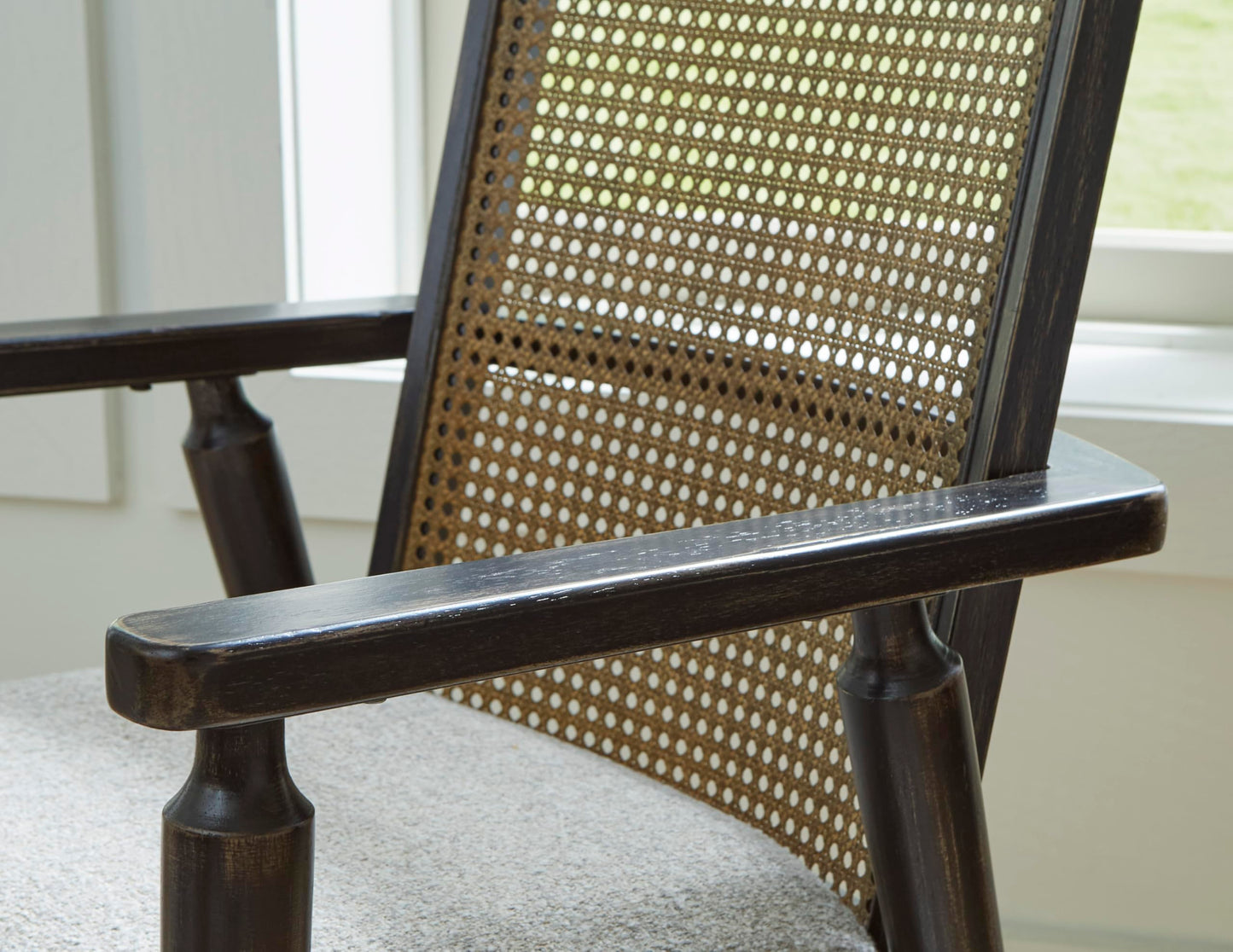 Signature Design by Ashley Galliden Rustic Solid Wood Upholstered Dining Arm Chair with Faux Cane Backrest, Set of 2, Light Brown & Black