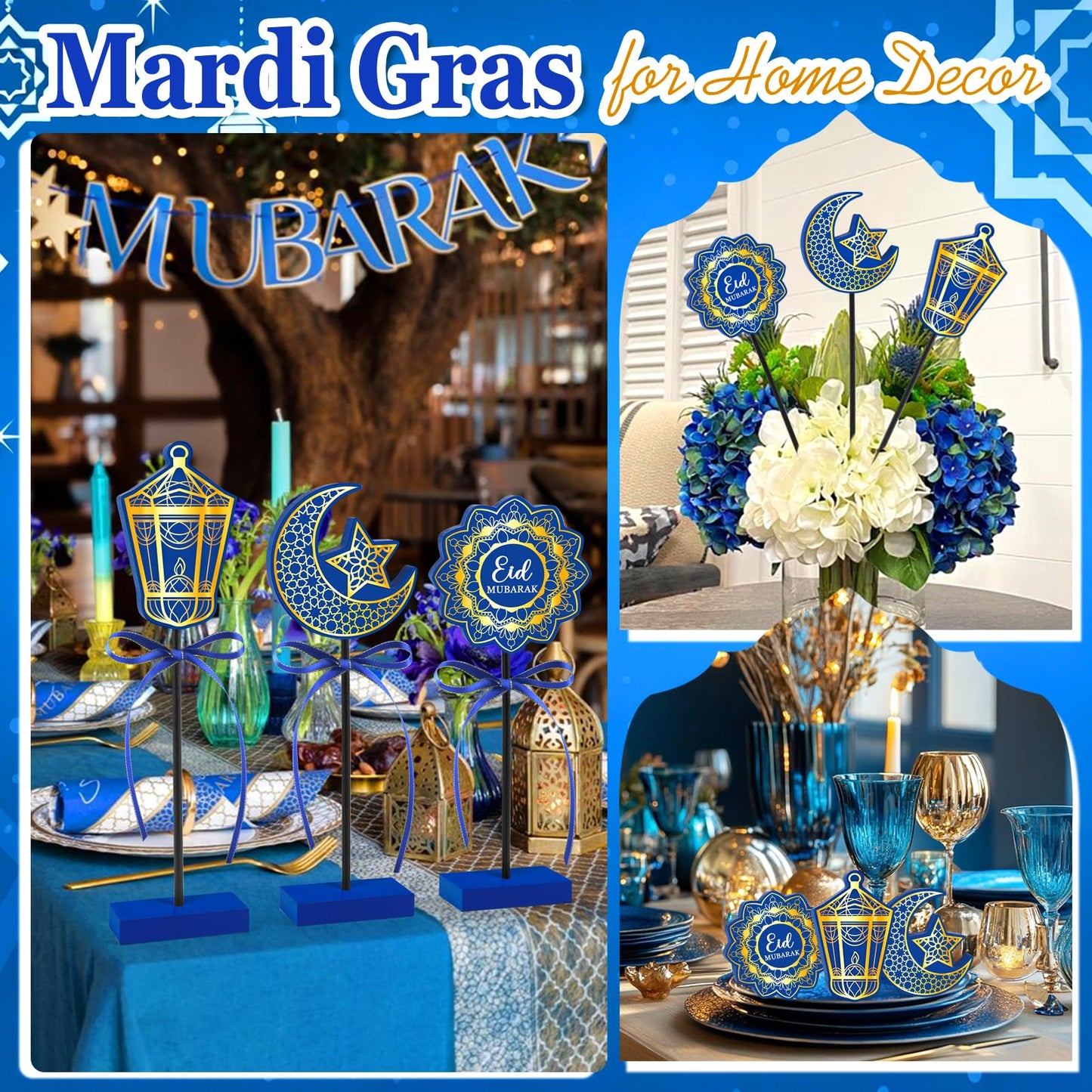 3 PCS Ramadan Table Decorations Wooden Eid Mubarak Signs Rustic Islamic Ramadan Tiered Tray Decor for Muslim Party Home Kitchen Decor (Blue.Classic)