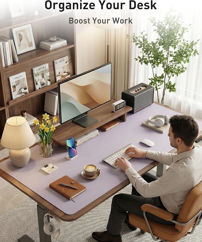 Aothia Faux Leather Desk Mat - Large Mouse Pad, Non-Slip PU Leather Blotter, Waterproof Writing Surface for Office and Home (Smoky Lavender, 42" x 17")