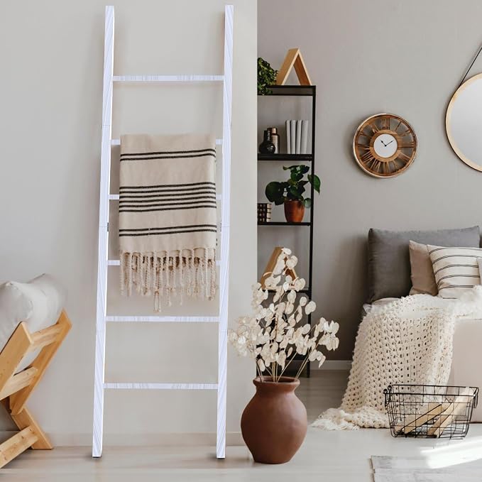 6 Tier Wooden Blanket Ladder - Rustic Style Quilt Ladder for Blankets - Blanket Rack for Wall - Blanket Holder - Farmhouse Decor Accent Furniture for Living Room (White, 6 Tier)