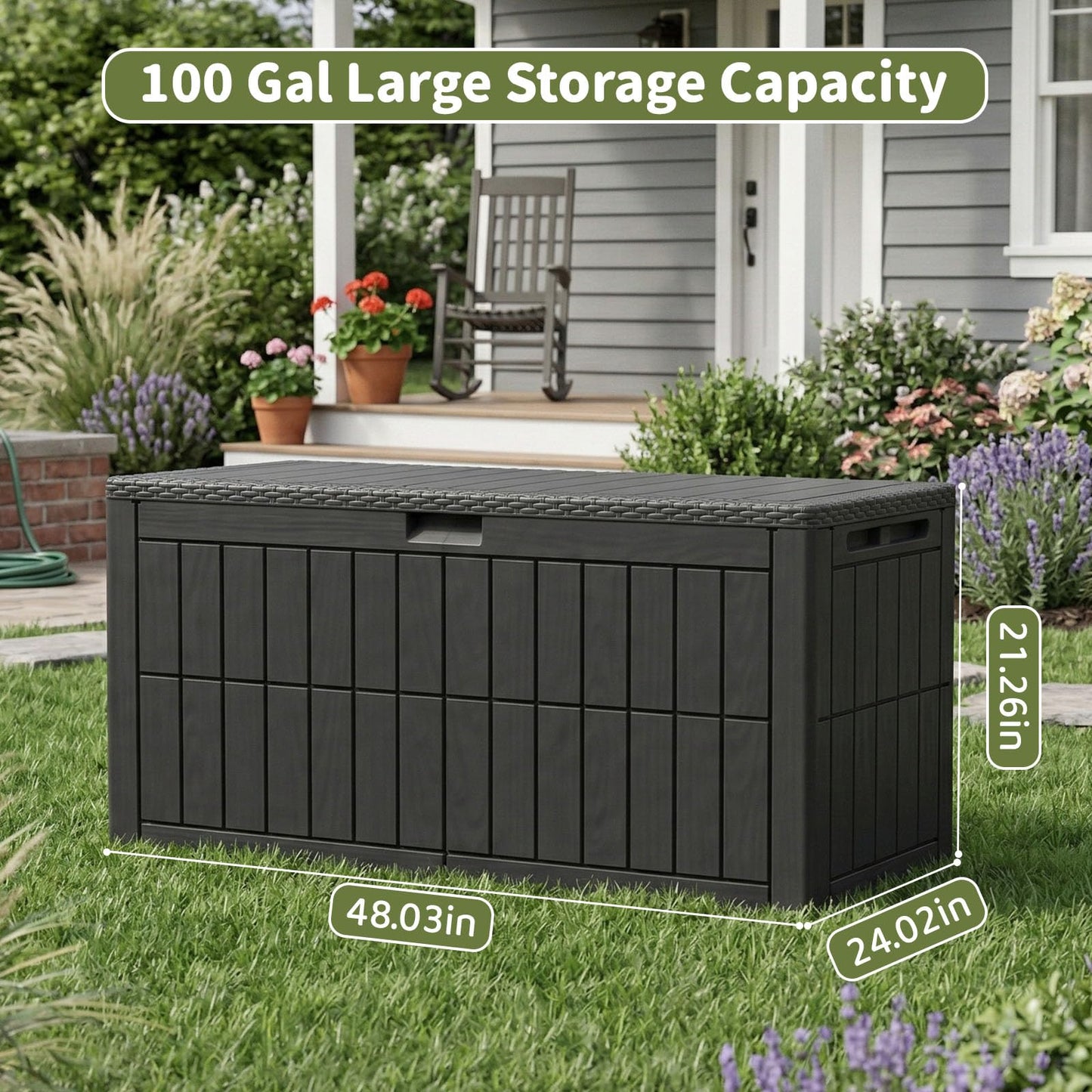ZOMEYLPO 100 Gallon Outdoor Storage Box, Waterproof Lockable Resin Deck Box with Seat, Patio Furniture Cushion Storage, Garden Tool Organizer & Pool Toy Box, Black