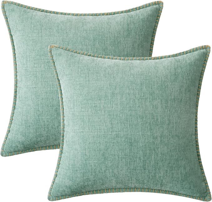 MIULEE Pack of 2 Summer Throw Pillow Covers 16x16 Inch Aqua Green Farmhouse Decorative Pillow Covers with Stitched Edge Soft Chenille Solid Dyed Pillow Covers for Couch Sofa Bed Living Room