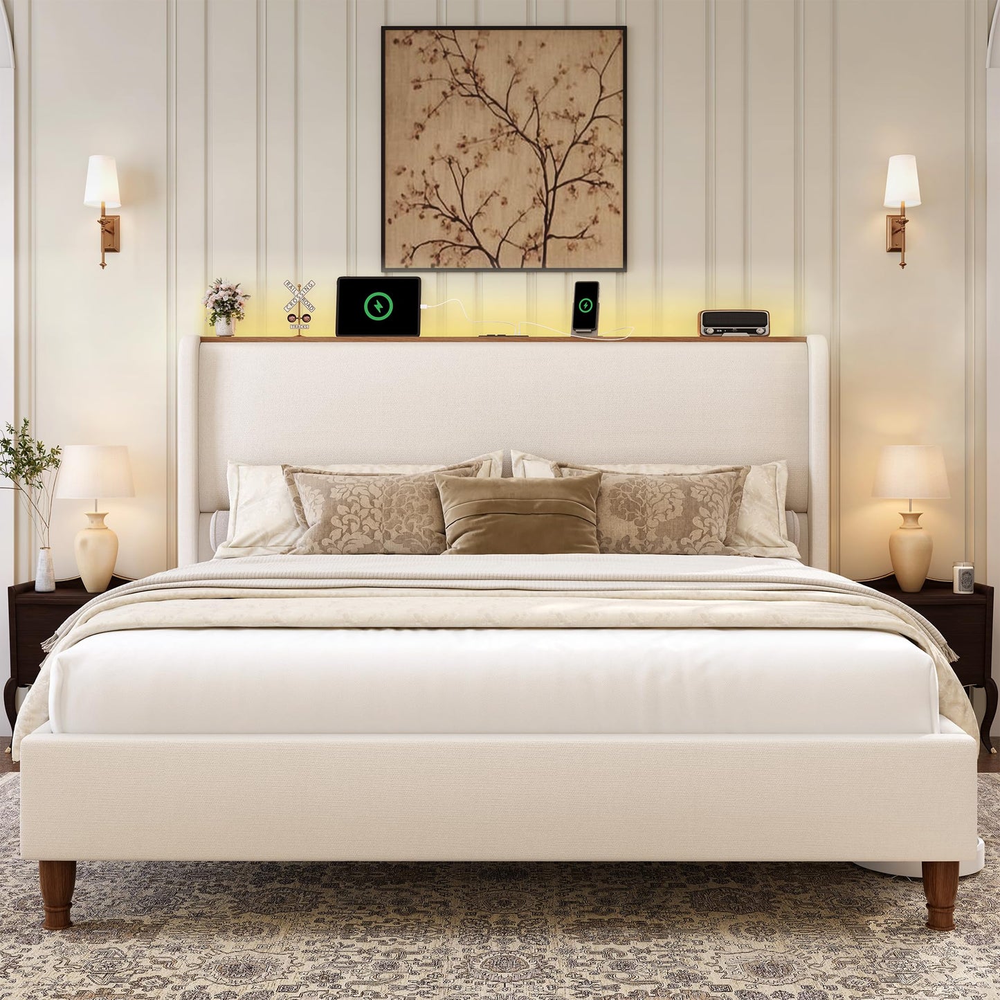 LARMACE Queen Size Bed Frame with LED Lights and Charging Station Linen Upholstered Platform Bed Frame with 51.2" Tall Headboard Wingback and Storage Shelf, No Box Spring Needed, Noise Free, Beige