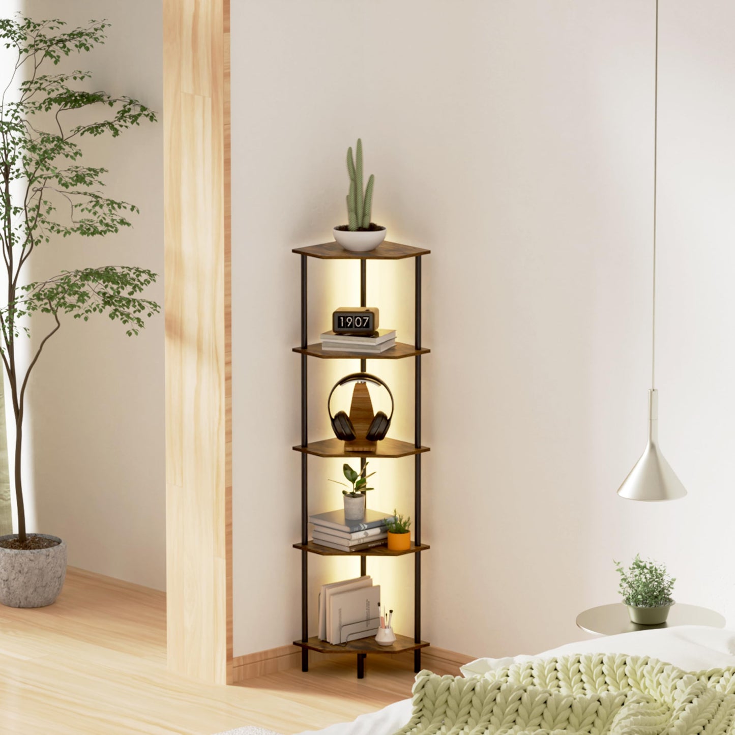 Corner Shelf Stand, Storage Standing Shelf Unit with Metal Frame, Narrow Bookshelf with LED Light Brown Plant Display Stand, Multi Unit Organizer Corner Cabinet for Bedroom, Living Room (5 Tier)