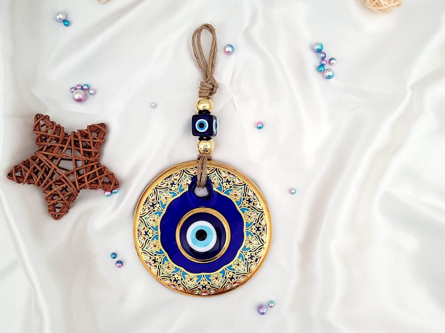 Candymosa 4.3" Glass Blue Evil Eye Wall Hanging Floral Design Gold Ornament - Home Protection Charm - Evil Eye Wall Decor - Turkish Nazar Amulet