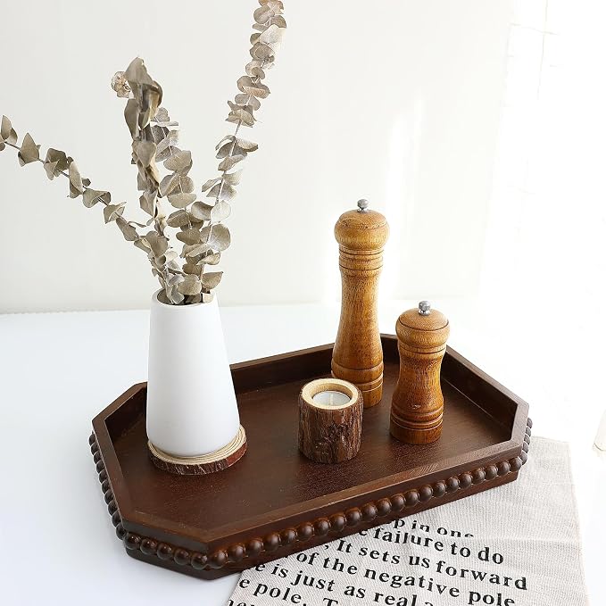 Hrastany Retro Brown Wood Serving Tray with Beads, Farmhouse Decorative Tray for Table Centerpiece, Christmas Wedding Halloween Home Decor
