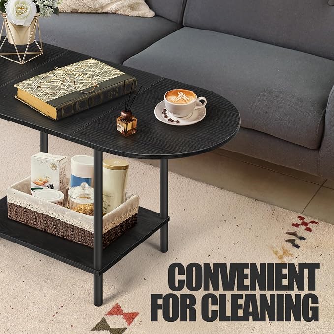 Black Coffee Tables for Living Room,Mid Century Oval Small Center Table with Storage Shelf and Wood Tabletop,2-Tier Farmhouse Low Cocktail Tea Table for Small Space,Apartment