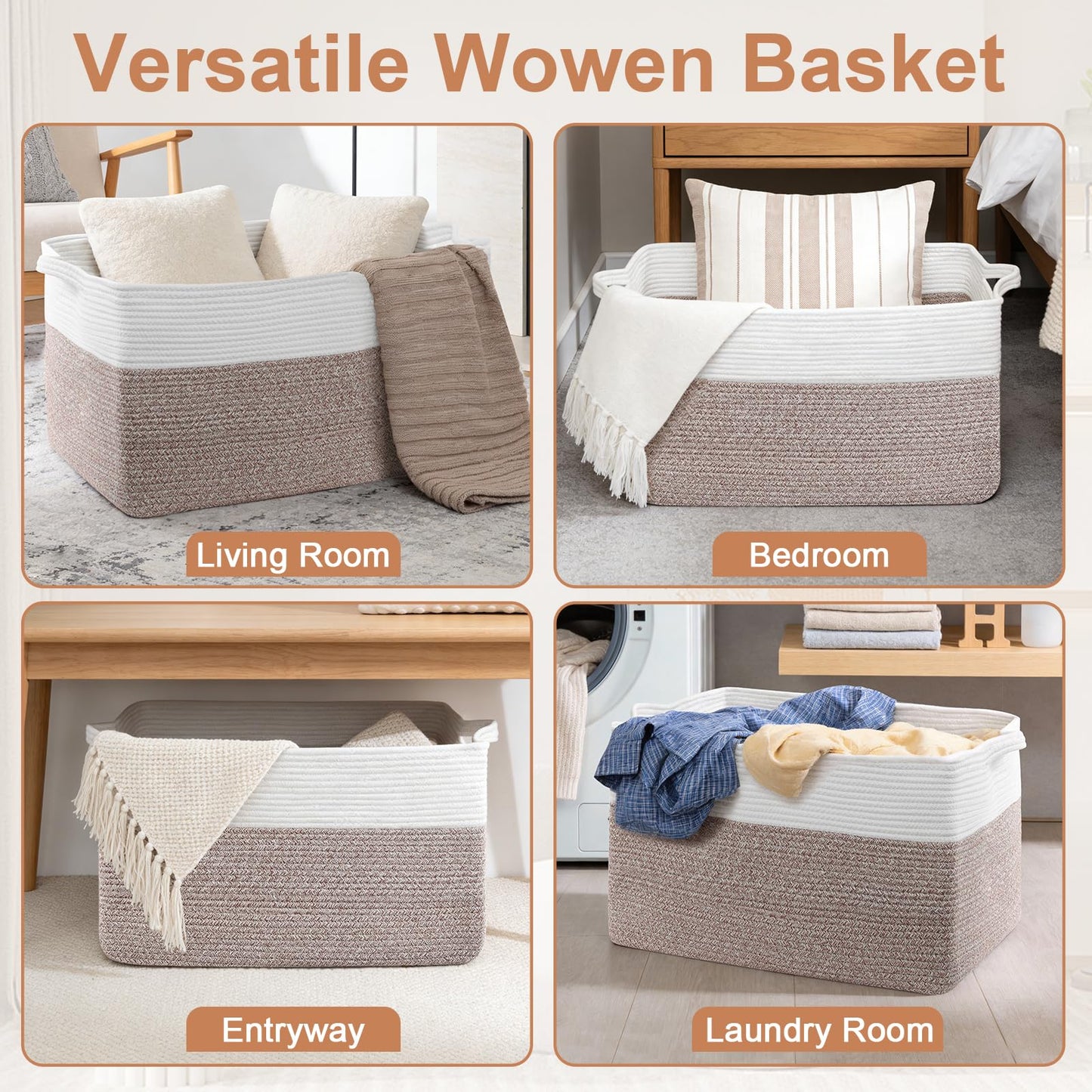 75L Extra Large Blanket Basket for Living Room - Cotton Rope Laundry Hamper Woven Baskets XXL Storage Bin with Handles for Dirty Clothes, Kids, Pets, Toys, Bedroom, 22" x 17" x 12", White & Brown