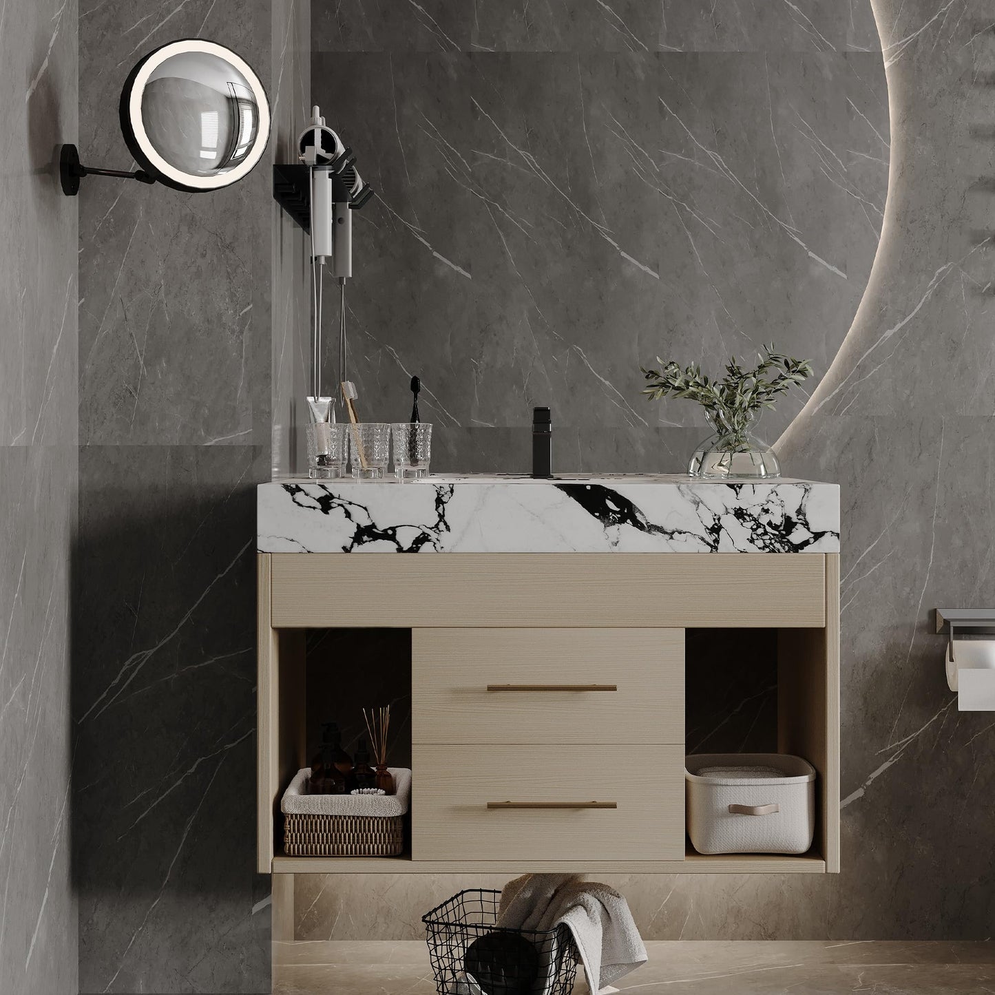KEIKI 29.9" Bathroom Vanity with Undermount Sink Combo, Modern Floating Vanity Cabinet with 2 Drawers & Open Side Shelves, Storage Wall Mounted Cabinet for Small Space, Apricot Marbe